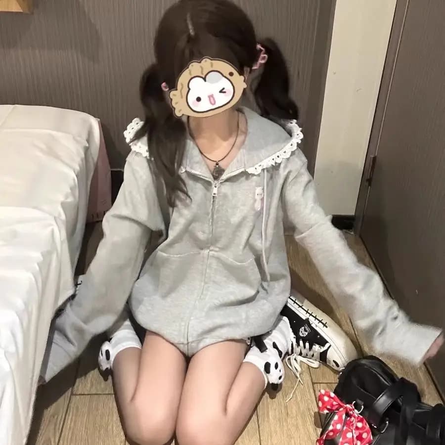 Giacca con Cappuccio e Cerniera in Pizzo Kawaii per Ragazze, Stile Autunno Inverno, Top Carino per Cosplay Anime, Streetwear, Uniforme Scolastica