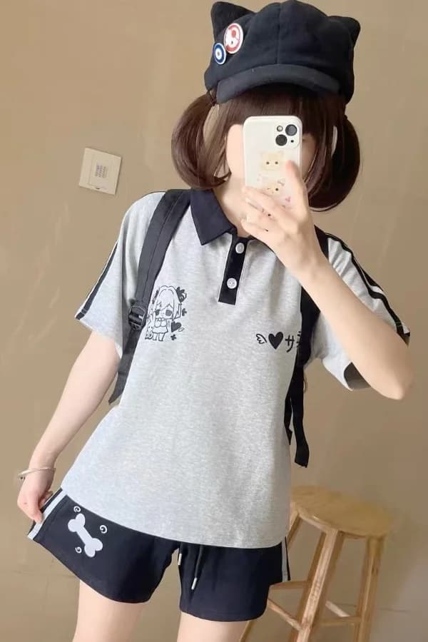 Japanese Cute Cartoon Polo Collar Short Sleeve T-shirt + Casual Shorts Two Piece Sets Womens Outifits Preppy Style Sport Sets