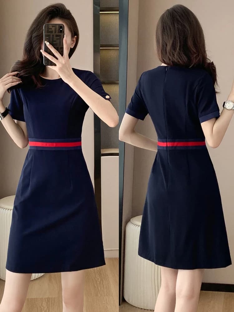 Blue Professional Short Sleeve Dress Elegant Commute Women's Workwear Skirt Style Summer Thin Polyester Fiber High Waist