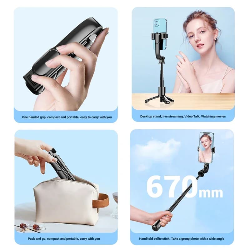 Bluetooth Wireless 360 ° Supporto per Telefono Portatile con Rotazione Automatica, Luce di Riempimento Remota, Asta Selfie e Treppiede Stabilizzatore