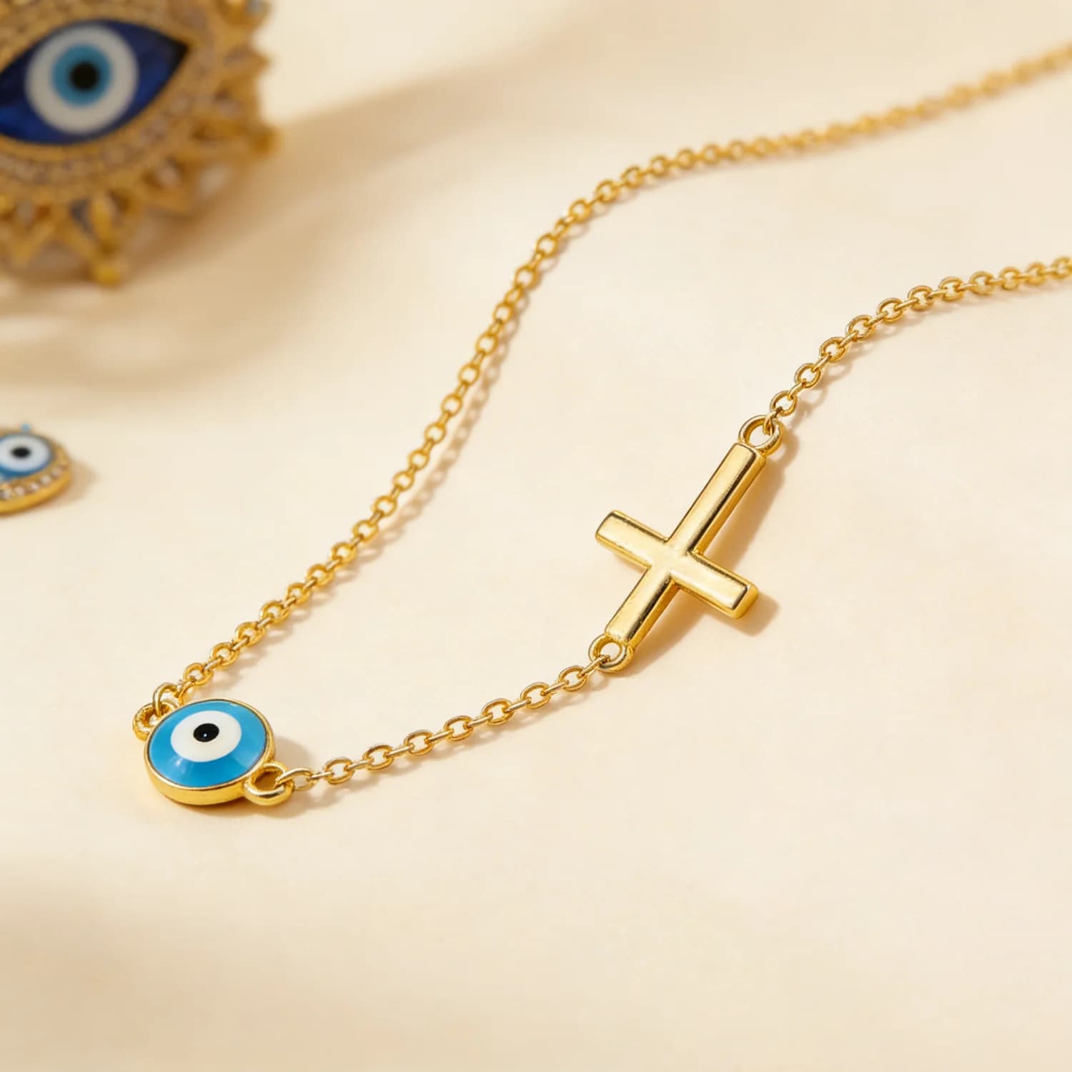 Trendy Two-Layer Evil Eye Cross Necklace,Golden Tone Adjustable Chain with Blue Oil Drop Bead,Layered Dainty Jewelry Gift for