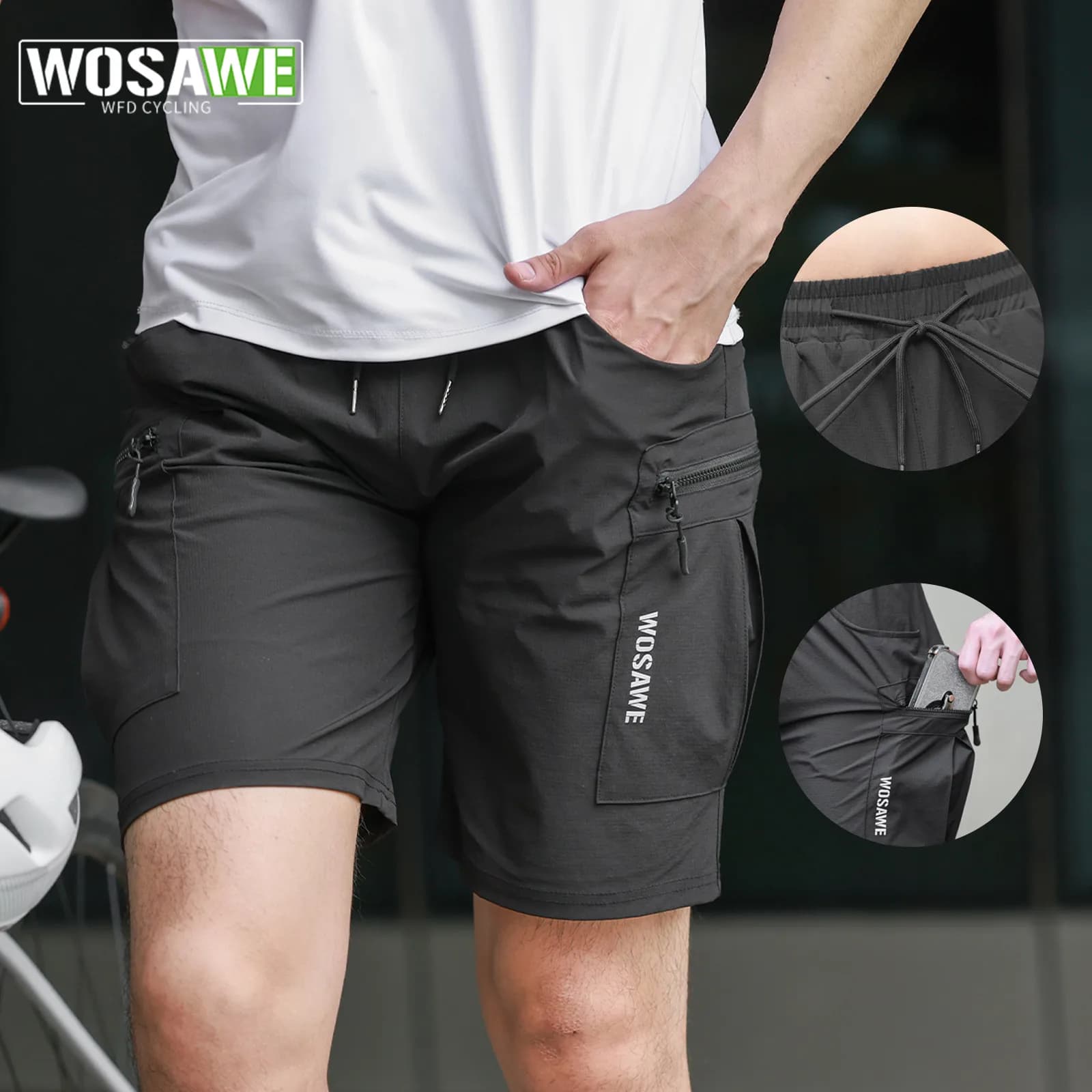 WOSAWE Wide shorts Cycling pants Breathable sports shorts wide fit casual cycling clothing with zip pockets