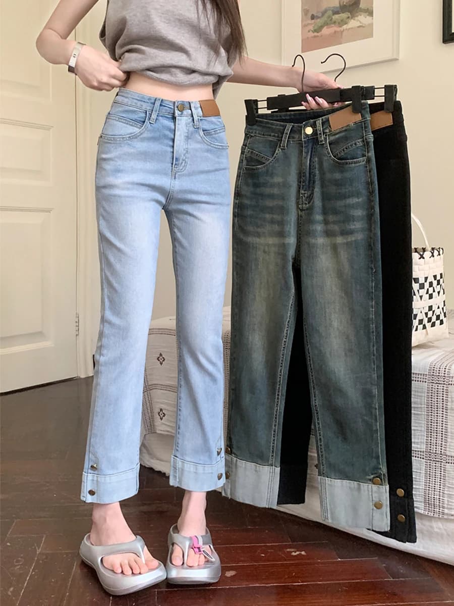 plus Size Elastic Nine-Tenths Denim Pants Women's Spring Autumn Slim High Waist Straight Tube Jeans Retro Wash Cotton Stretch