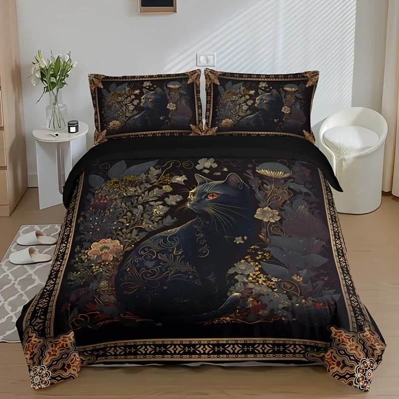 Floral Animal Cat HD Digital Print Duvet Cover Set Fashion High-End Home Bedding Set Queen Size with Pillowcases