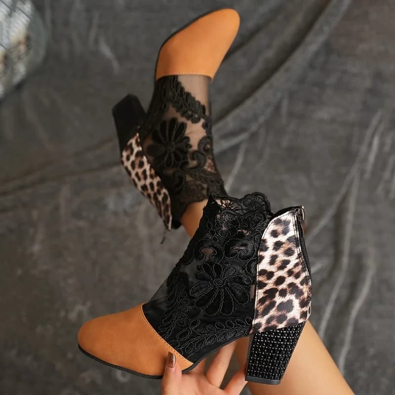 2026 Summer New Sexy Lace Mesh High Heels Short Cool Boots for Women's Fashionable Round Toe Back Zipper Women Ankle Boots Mujer