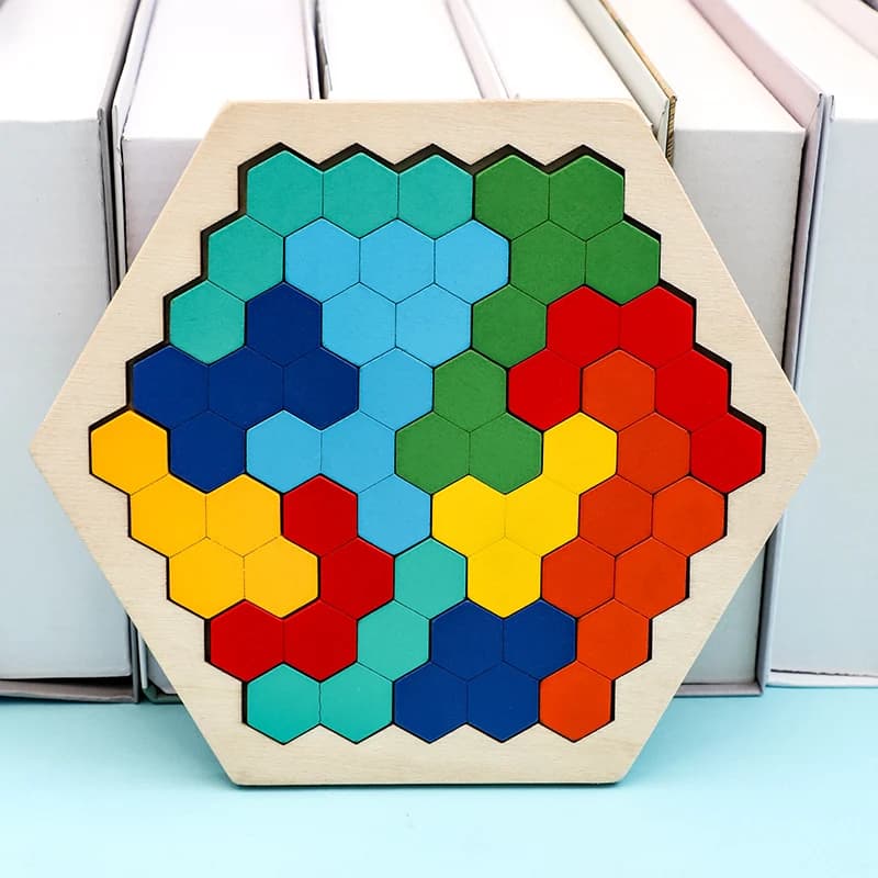 Puzzle esagonali in legno 3D giocattoli educativi per bambini bambini in età prescolare Tangram Board Brain IQ Test Game giocattoli Montessori regali