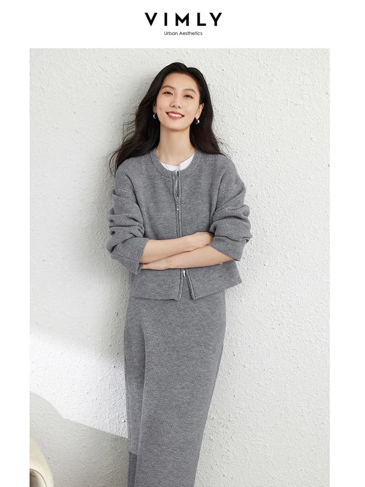 VIMLY Abito elegante lavorato a maglia da donna Autunno Solido Capispalla Cardigan lavorato a maglia Giacca Gonne dritte Set Office Lady Set semplici