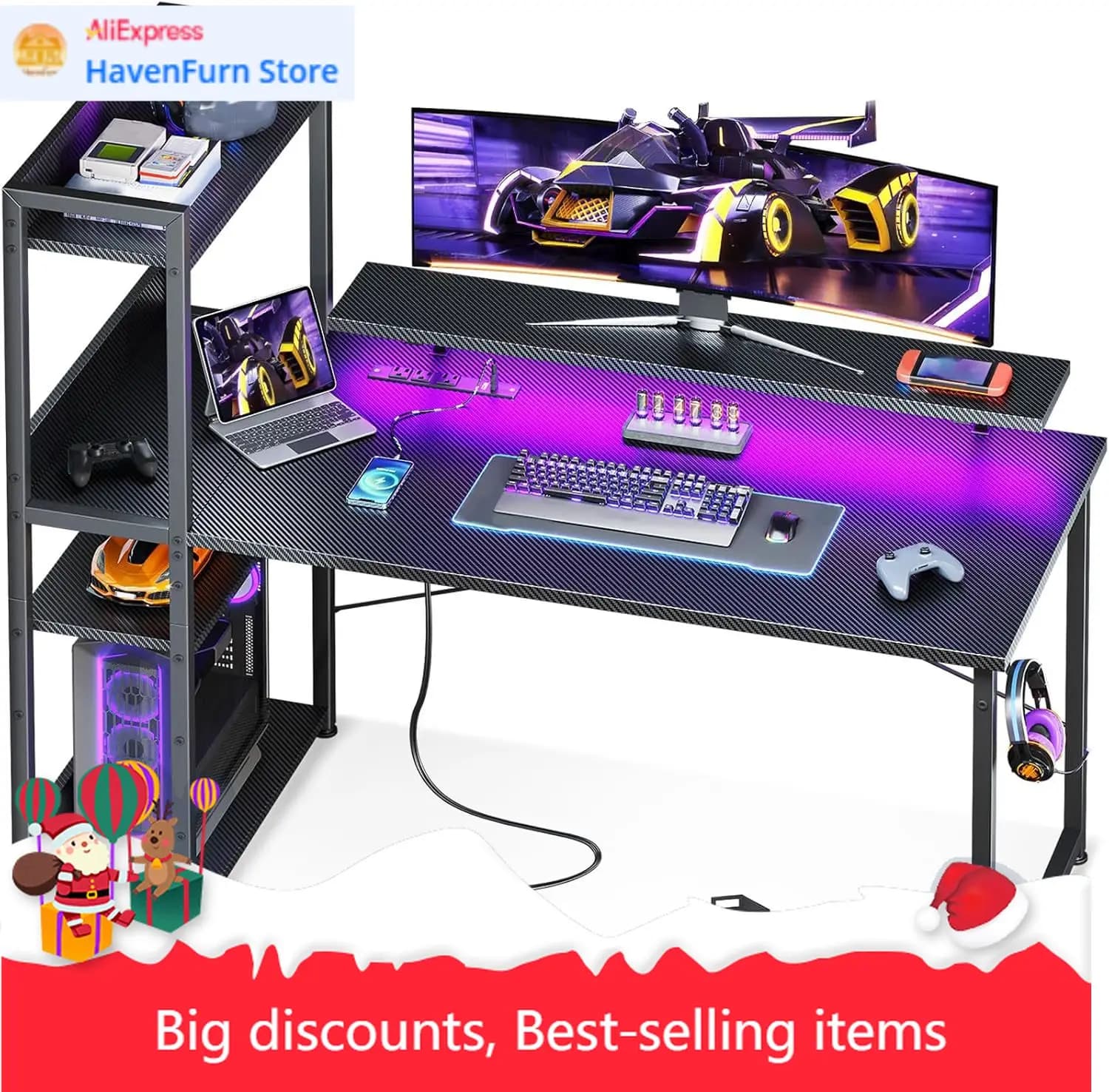 Reversible Gaming Desk with Current and LED Lights, 48-inch Computer Desk with Storage Pads and Monitor Support, Modern W