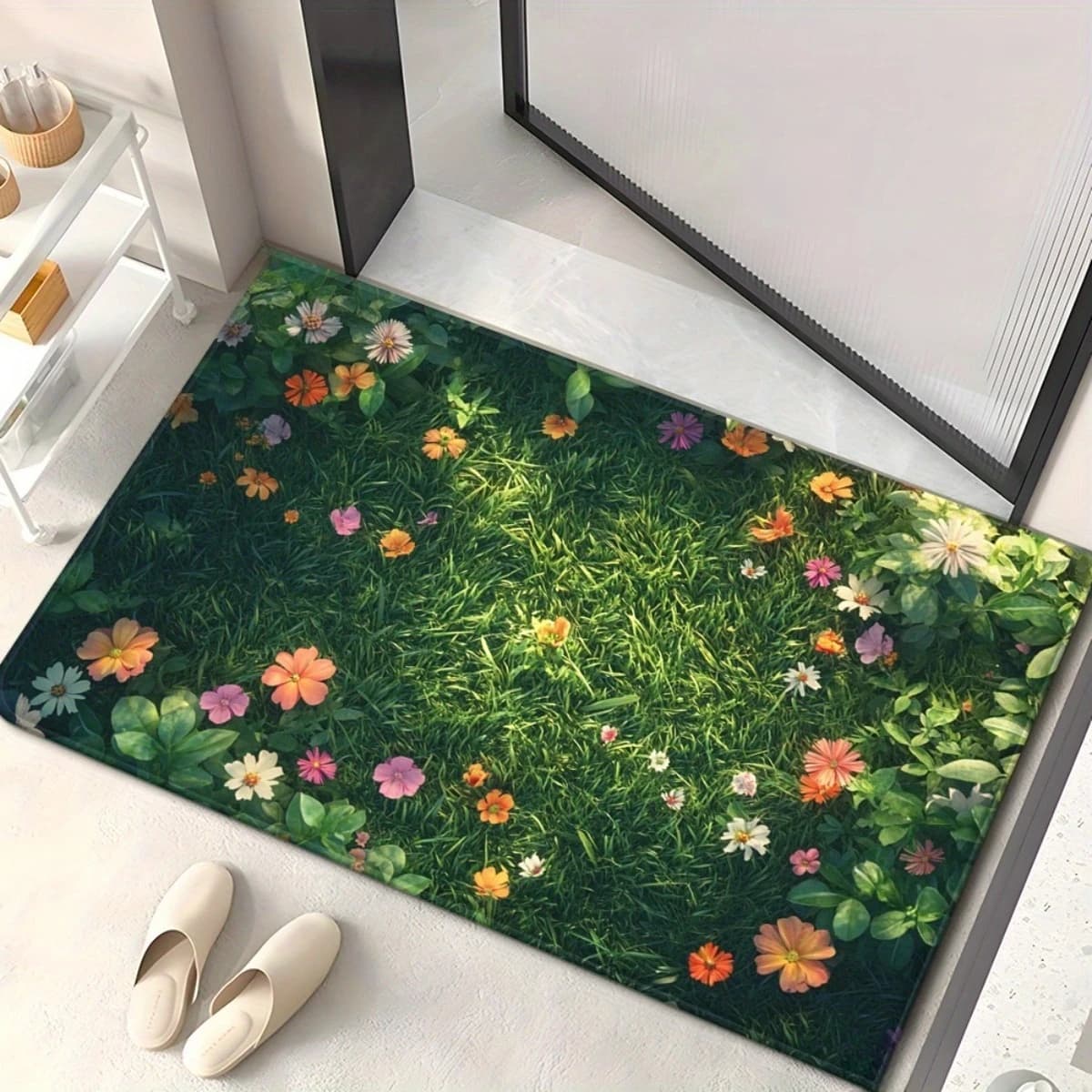 Zerbino Verde Primaverile Carpet with Flowers and Prato, Anti-slip and Washable, Realistic Carpet for Entrance with Floral Motive and Prato, for Entrance Door