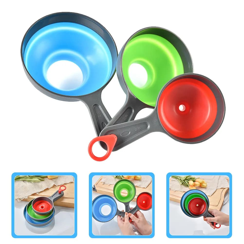 Set di 3 Imbuti Regolabili e Pieghevoli in Gomma e Plastica con Bocca Larga per Bottiglie, Olio, Aceto, Spezie, Sale e Pepe