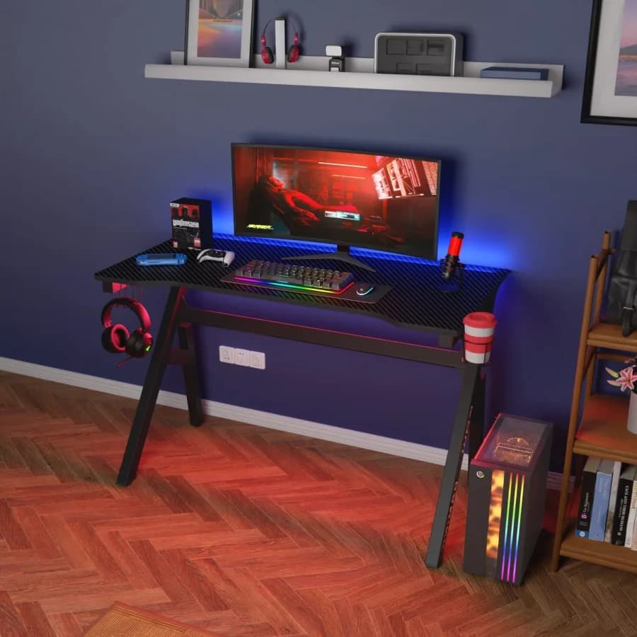 Scrivania da Gaming 47 Pollici in Fibra di Carbonio Rossa, Telaio in Acciaio Robusto, Portabicchieri, Gancio per Cuffie, Fori per Gestione Cavi