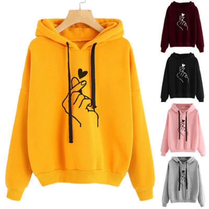 Felpa con cappuccio in pile autunnale tinta unita dito cuore con cappuccio felpe moda coreana manica lunga tasche con coulisse felpe larghe