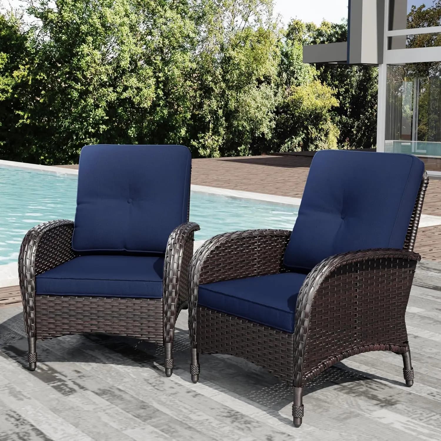 Set di 2 Sedie da Patio in Vimini, Mobili da Esterno in Rattan con Cuscini Spessi, Schienale Alto, Seduta Profonda, Larghe, Personalizzabili