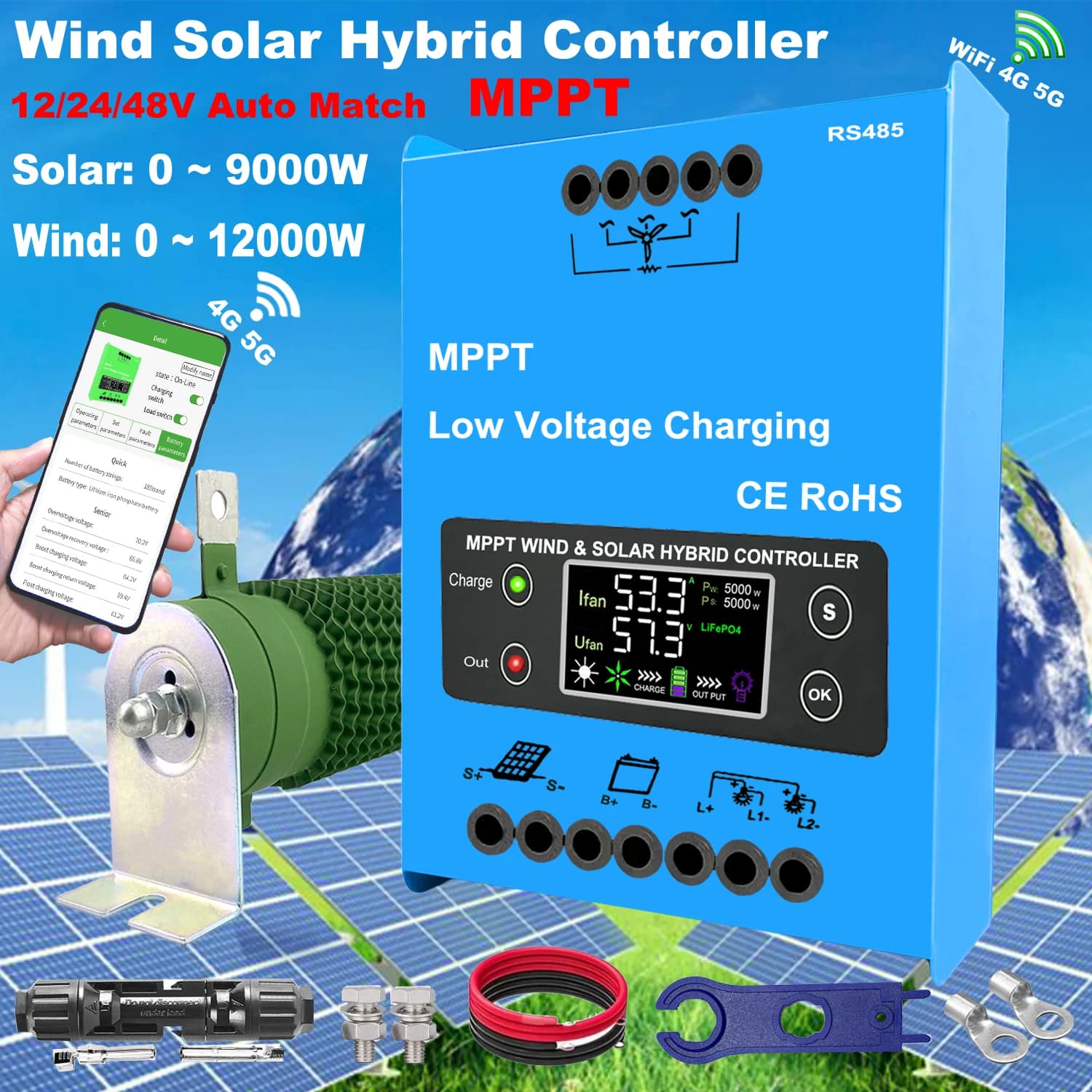 Regolatore di Carica Ibrido Eolico-Solare MPPT 12V 24V 48V 3000W per Pannelli Solari e Turbine Eoliche, Compatibile con Batterie Lifepo4, Litio e Piombo-Acido