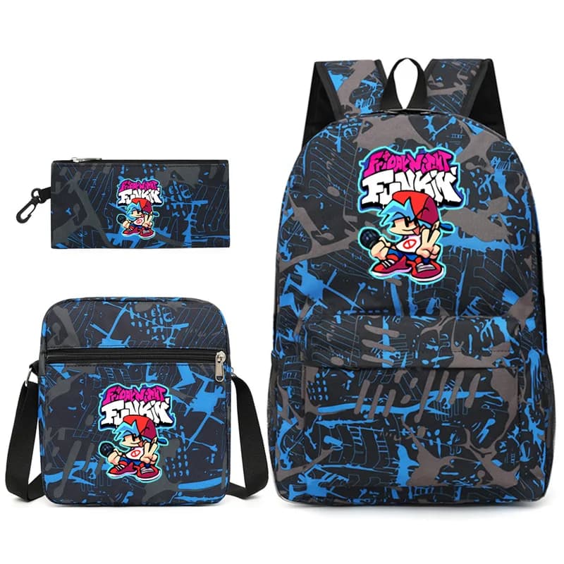 Zaino scolastico per studenti con stampa Cartoon Popular Friday Night Funkin, set da 3 pezzi, zaino per laptop, borsa a tracolla inclinata, astuccio per matite