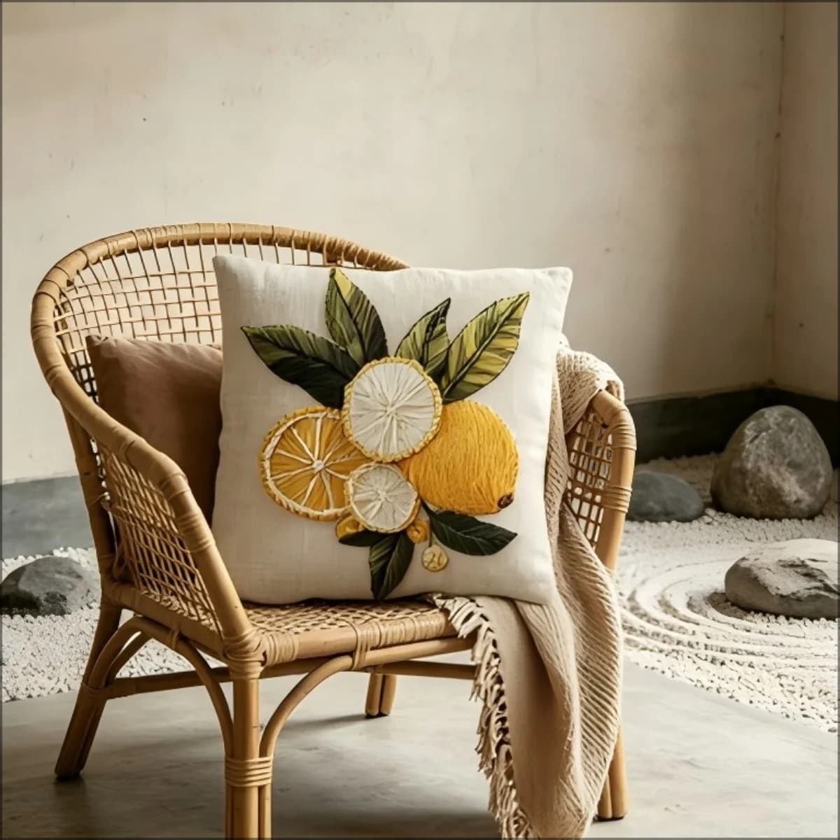 Lemon Print Throw Pillow Cover, Faux Embroidery Style Citrus Fruit Decorative Cushion for Boho Farmhouse Sofa Couch