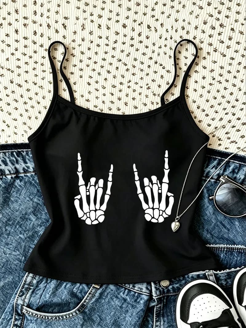 Vintage Skull Print Camisole Top Retro Casual Crop Top Vest Grunge Spring Summer 90s Gothic Women'S Tank Top Clothes
