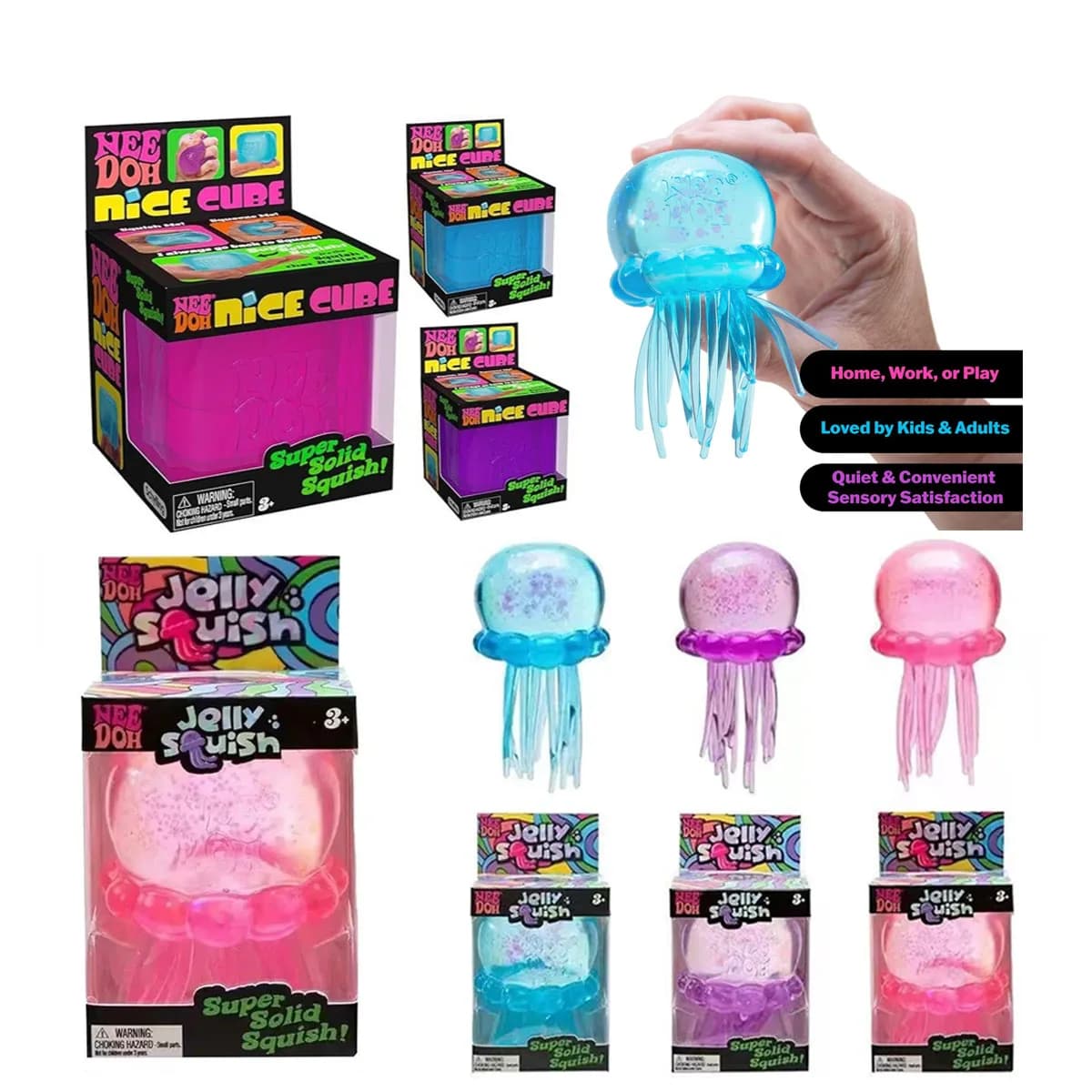 Giocattolo Antistress Nee Doh Jellyfish & Cube Squish, Morbido Giocattolo Sensoriale per Bambini e Adulti