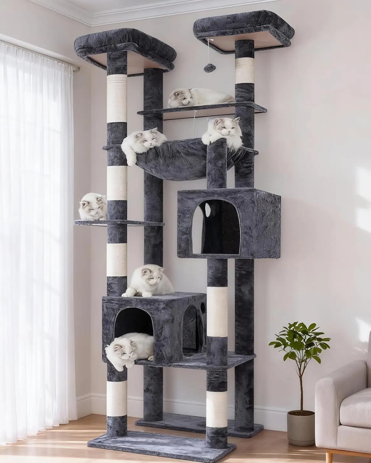 Albero per Gatti Alto e Robusto, con Tiragraffi, Grandi Piattaforme, Cucce Accoglienti, Amaca Grande, Palline Giocattolo, Multi-Livello