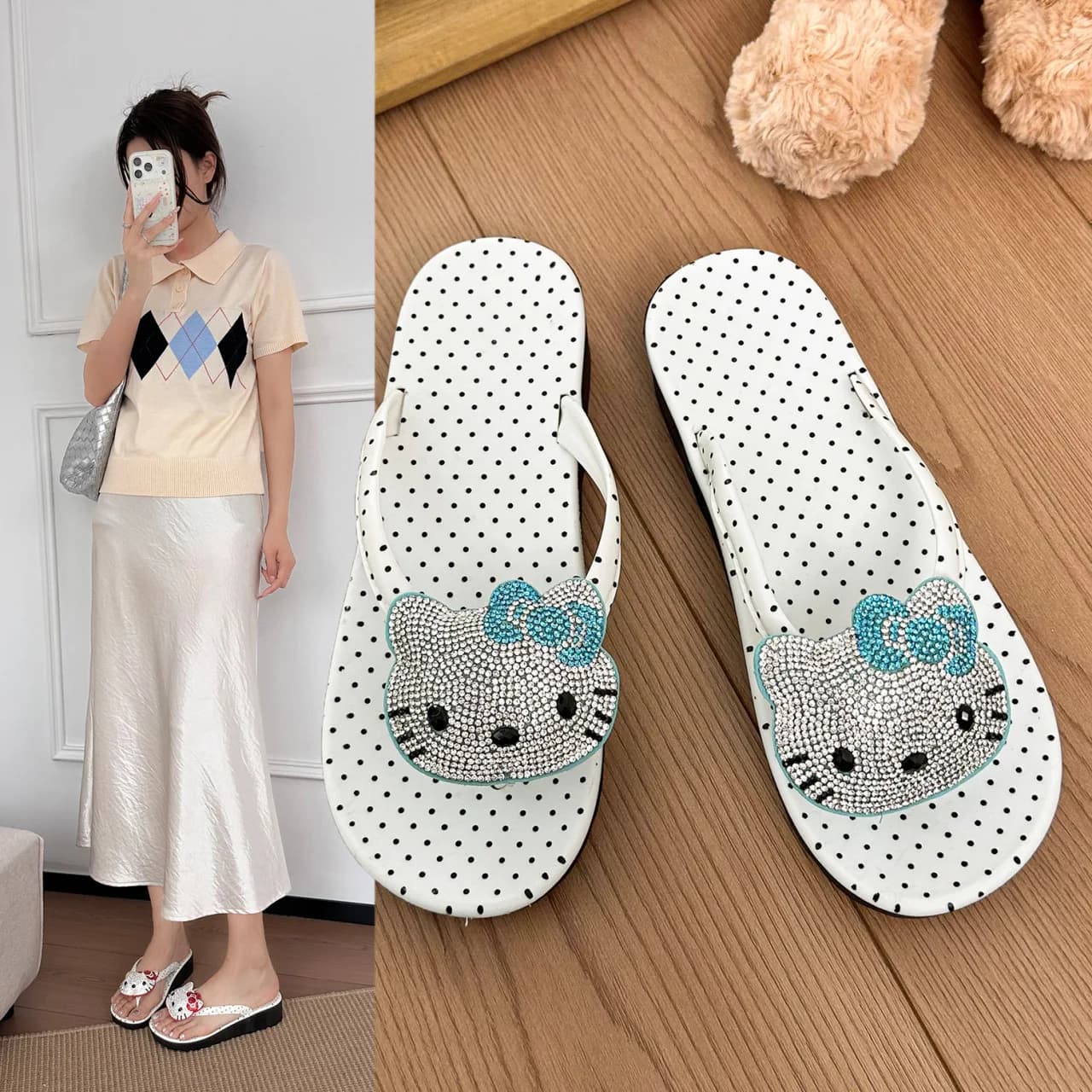 Cute Hello Kitty Polka Dot Flip Flops Women's Rhinestone Decor Flat Sandals White Black Dot Summer Slippers for Beach & Indoor