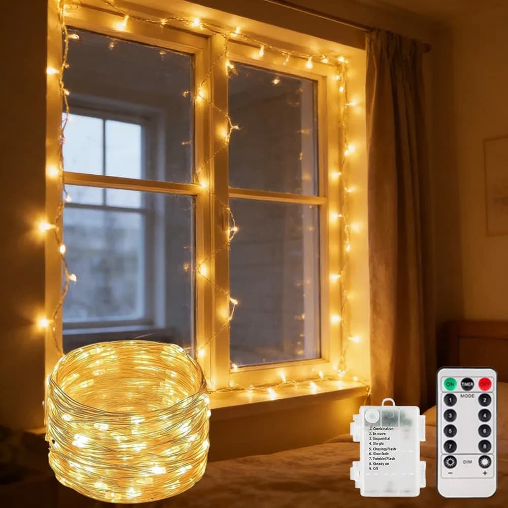 Luci a stringa a batteria con telecomando, luci fatate a LED per matrimoni, ghirlanda luminosa a filo di rame e argento, luci a LED per decorazioni natalizie da esterno
