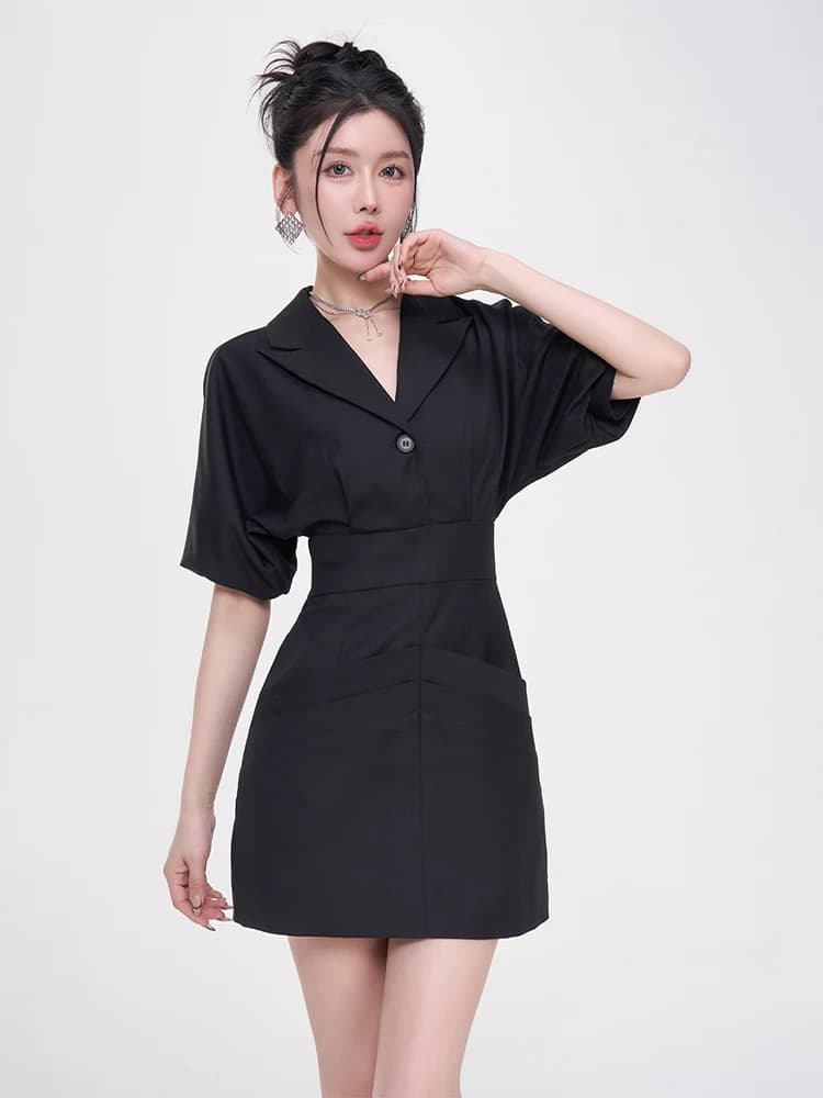 Abito da donna elegante estivo con gonna corta, scollo a V e vita aderente, stile A-line, per il business
