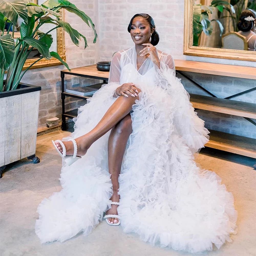 White Wedding Dresses for Photo shoot Puffy Tulle Women Robe Long Sleeve Maxi Gown Wedding Anniversary Bride Sleepwear Nightwear