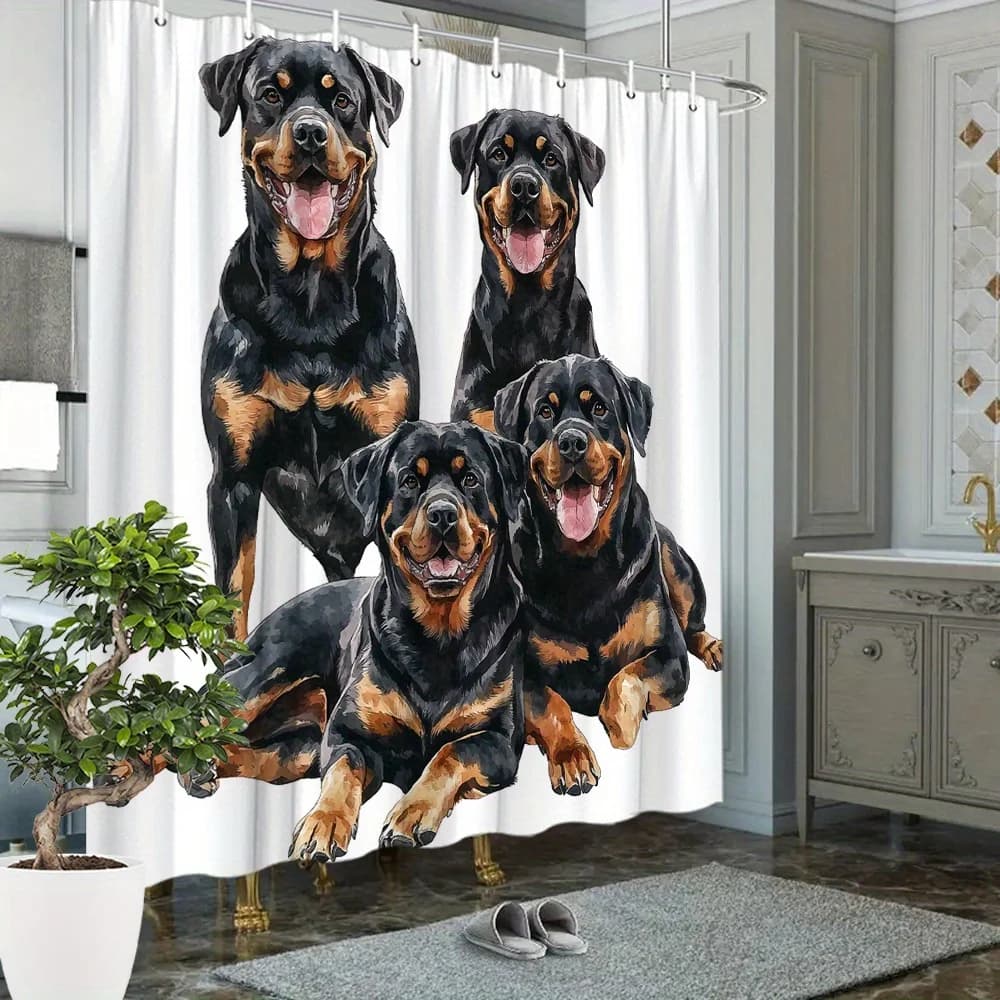 Watercolor Four Happy Rottweiler Dogs White Background Print Shower Curtain Waterproof Mildew Resistant Polyester Fabric With 12