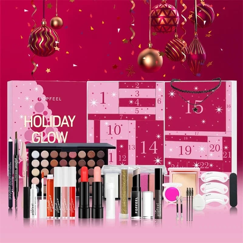 Set di trucchi per il conto alla rovescia di Natale, rossetto, ombretto, cosmetici, calendario dell'avvento di bellezza natalizio da 24 pezzi, confezione regalo per donne e ragazze