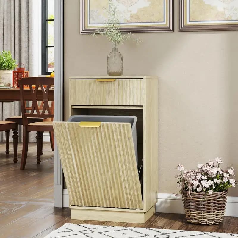 Armadietto per pattumiera inclinabile da 10 galloni con cassetto a struttura ondulata e contenitore estraibile - Versatile organizer da cucina e da bagno in rovere