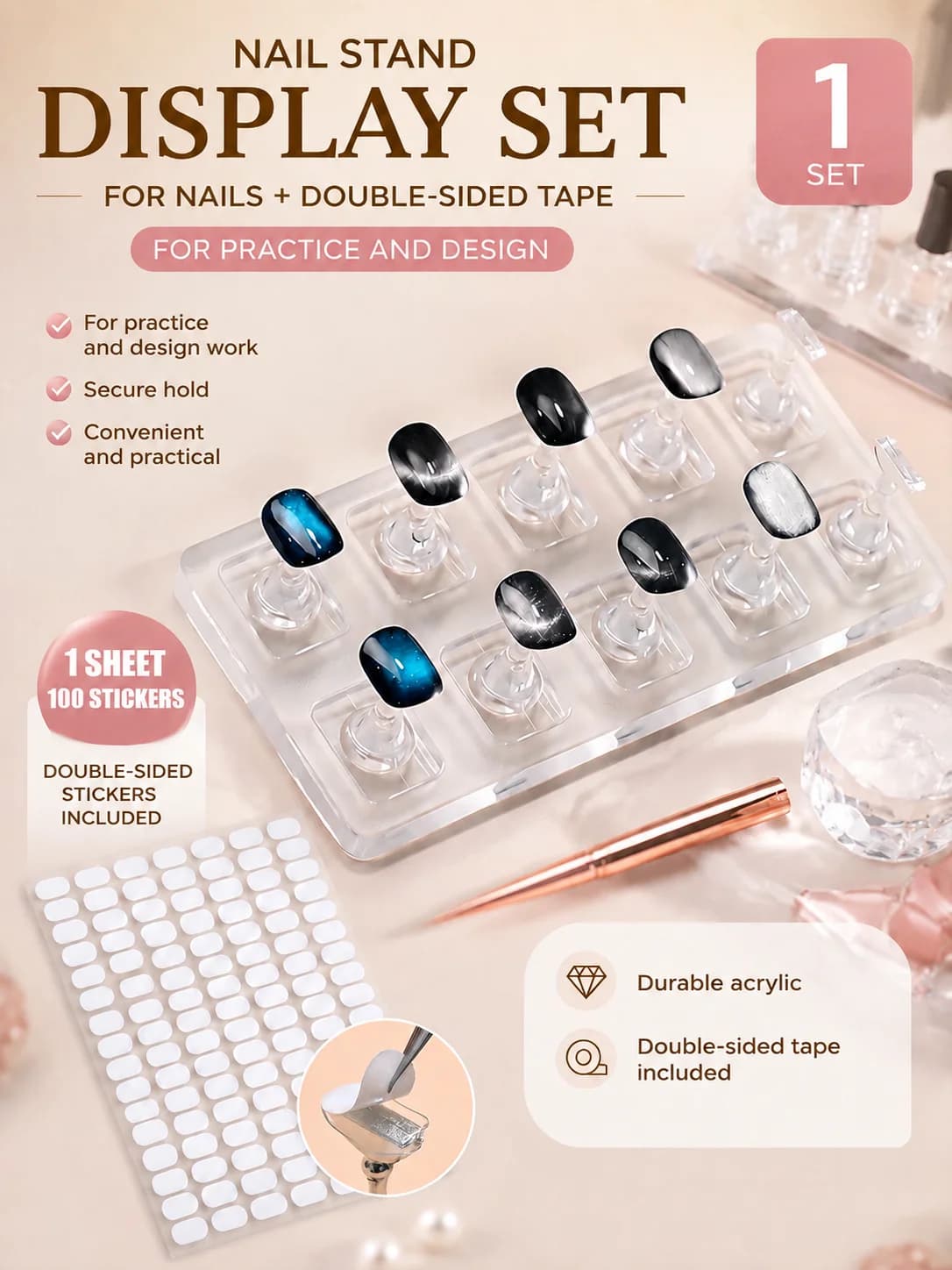 Transparent Acrylic Press On Nail Stand for Practice, Includes Dedicated Film, Compatible with Cat Eye Magnet & Chess Base