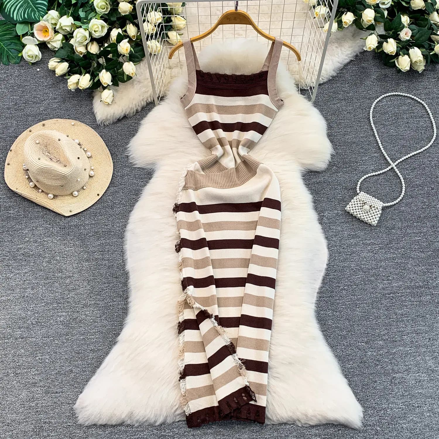 Women's Brown Beige Stripe Sleeveless Crew Neck Stretchy Ribbed Knit Bodycon Maxi Dress Casual Boho Summer Beach Long Dress