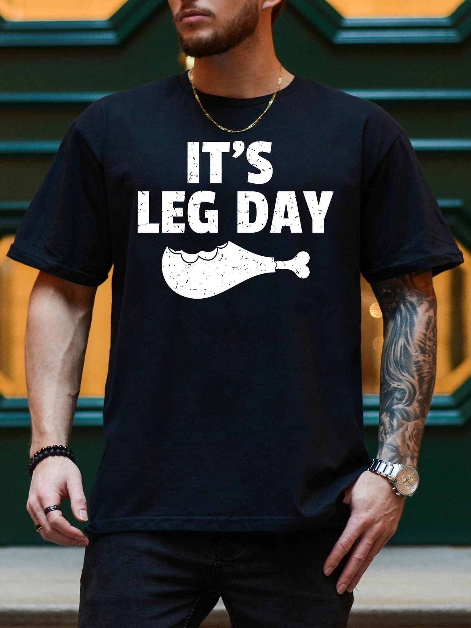 Maglietta grafica da uomo It's Leg Day, maglietta nera casual in puro cotone, maglietta leggera girocollo