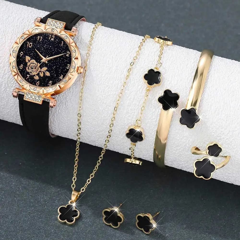 Set di orologi da donna 7 pezzi Set di orecchini ad anello con quadrante con elemento floreale alla moda ed elegante, orologio al quarzo, bracciale, collana, regalo perfetto