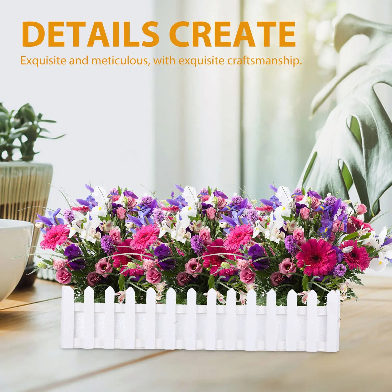 Wooden Picket Fence Flower Pot Rectangle Window Box Plant Container Foam Insert Artificial Flowers Planter Rectangle Flower Pot