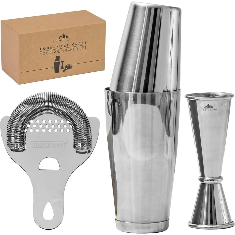 Set da Barman Professionale 4 Pezzi: Kit Cocktail in Acciaio Inox con Shaker Boston, Colino e Jigger per Preparare Bevande