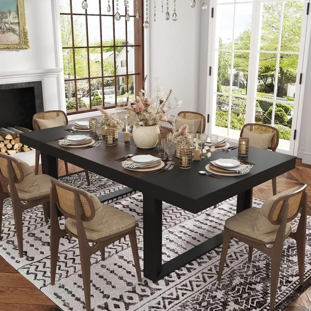 Elegante Tavolo da Pranzo 86 per 6-8 Persone, Gambe in Legno, Arredamento Cucina Nero e Marrone