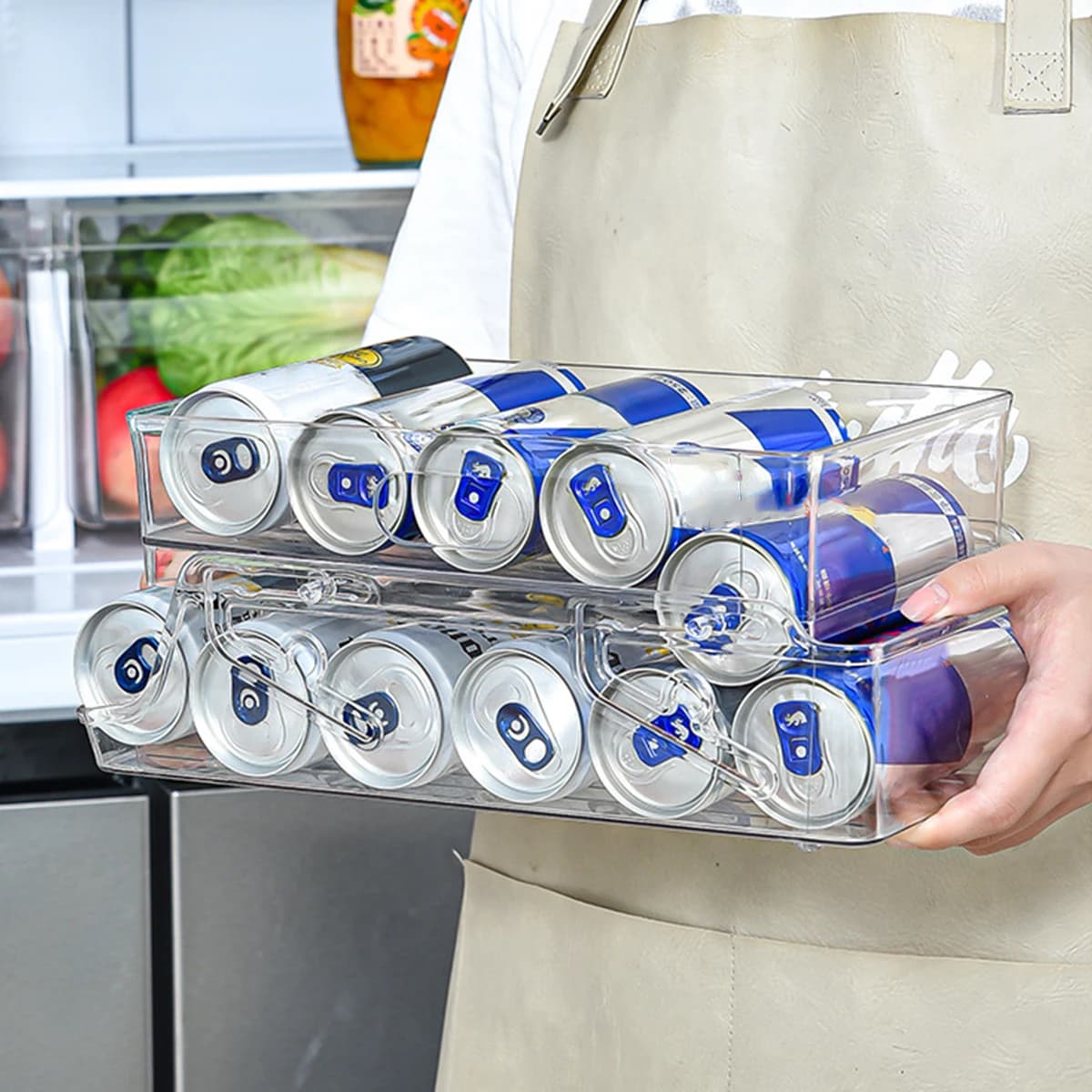 2-layer beverage dispenser Fridge with automatic rolling for beer Cola Storage box for large capacity transparent soda cans