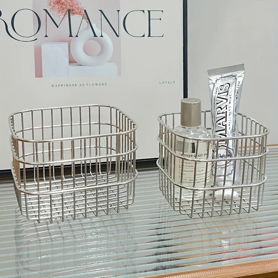 Storage Basket Square Metal Home Desktop Sundries Storage Basket Cosmetics Organizer Basket Storage, Shelf Baskets