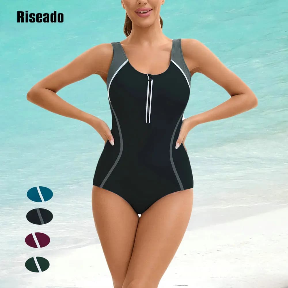 Riseado Womens One Piece Korean Swimsuit Sleeveless Conservative Bathing Suit Color Block Monokini for Girls