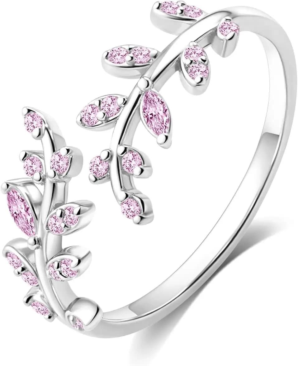 Elegante Anello a Fascia con Foglie in Argento S925 per Donne, Anello Aperto Impilabile con Zirconi Cubici