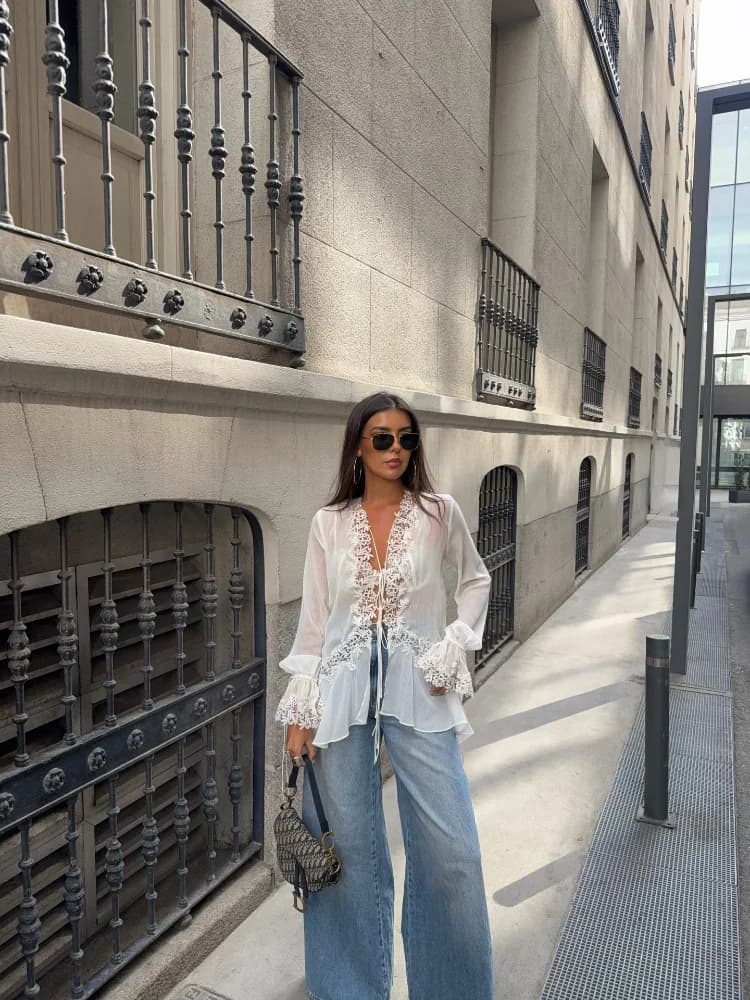 Elegant Women's See-through Chiffon Shirts V Neck Flare Sleeve Lace-up Flower Female Blouse 2026 Summer Lady All-matching Top
