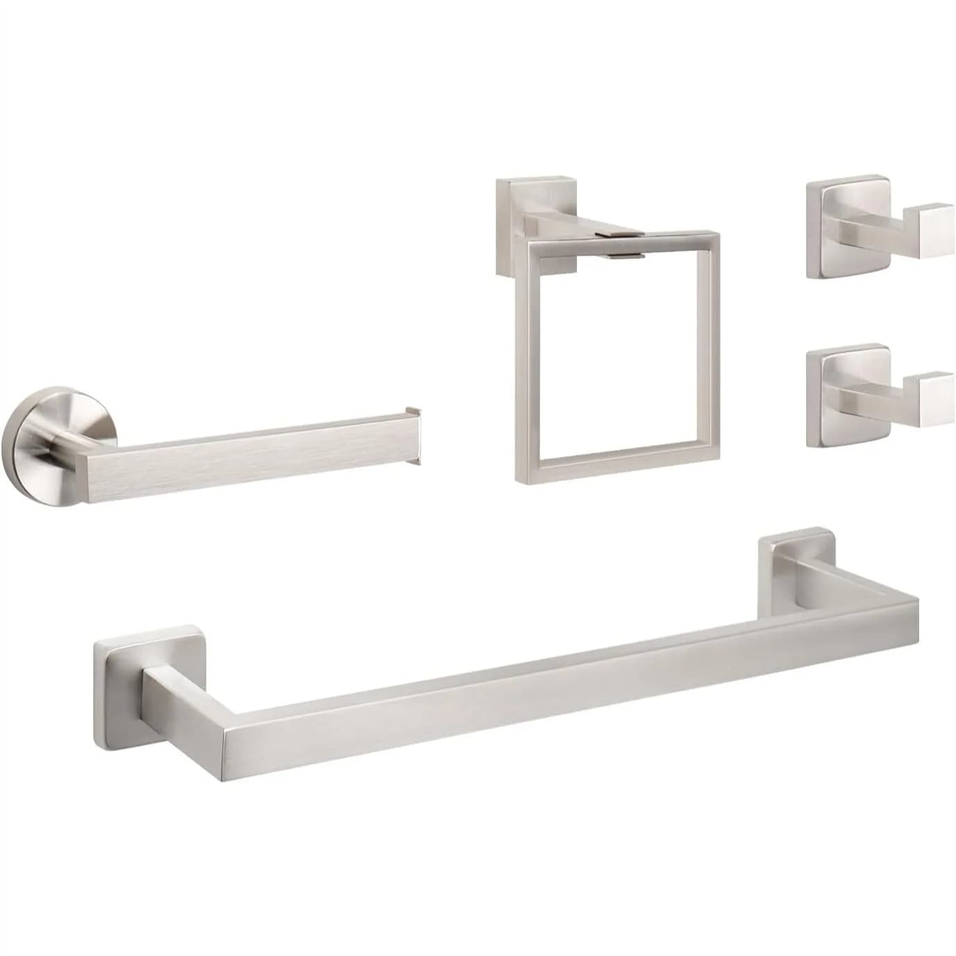 Set di 5 Accessori per Bagno in Acciaio Inox 304, Portasciugamani Quadrato con Asta da 40 cm, Anello, Porta Carta Igienica e 2 Ganci