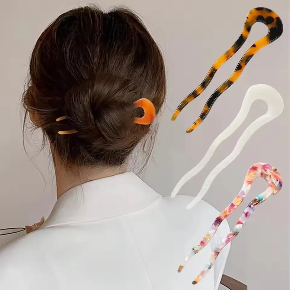 Fermaglio per capelli a spirale alla francese di tendenza, in acetato, a forma di U ondulata, vintage, effetto tartaruga, per chignon, accessori per capelli da donna