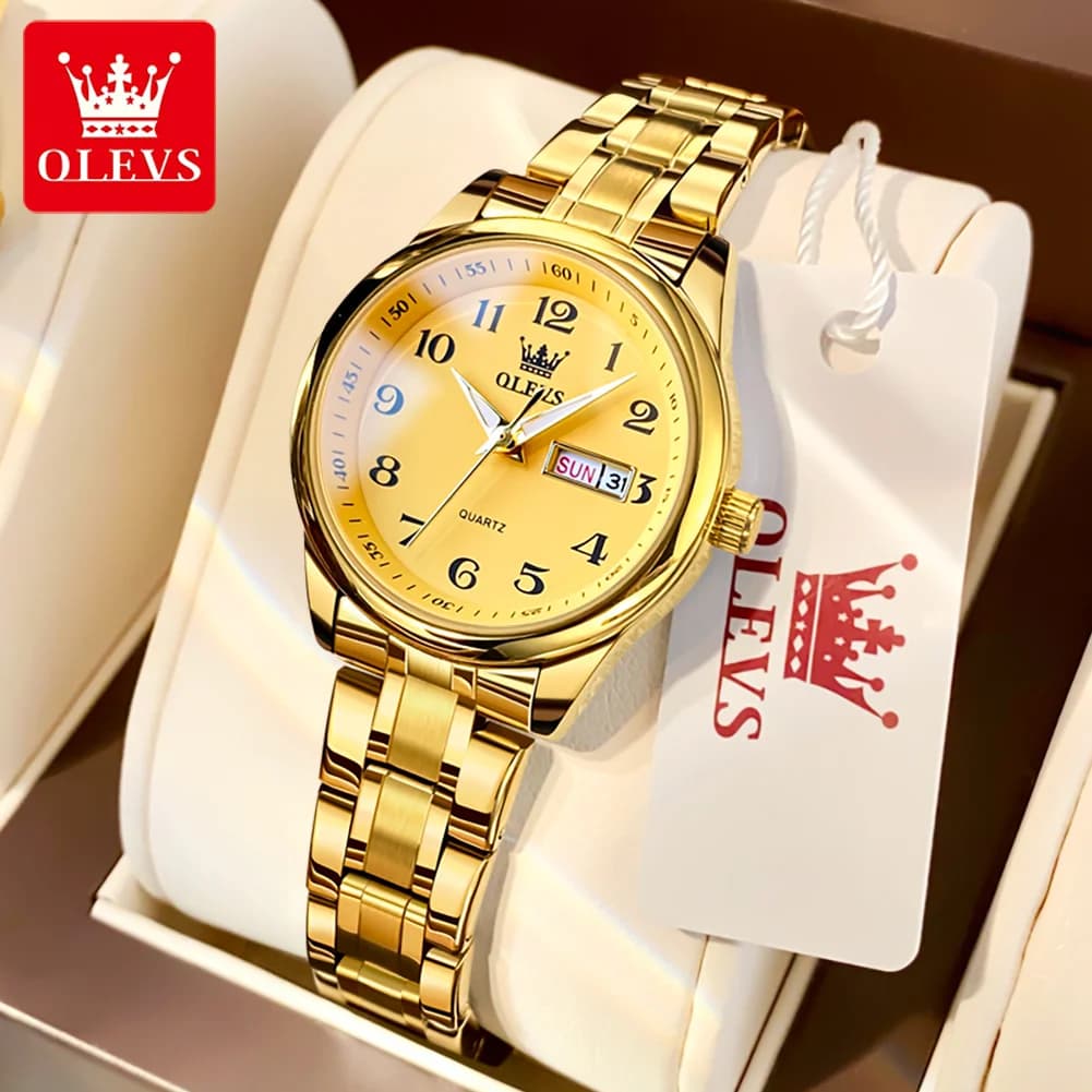 OLEVS Brand Luxury Gold Quartz Watch for Women's Waterproof Stainless Steel Week Date Elegant Women's Watch Reloj Hombre