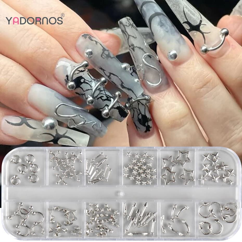 Punk Style Nail Art Decorations Silver/Gold Piercing Hoop Hollow Ring Mixed Nail Accessories 12 Gris Metal Alloy Nail Charms
