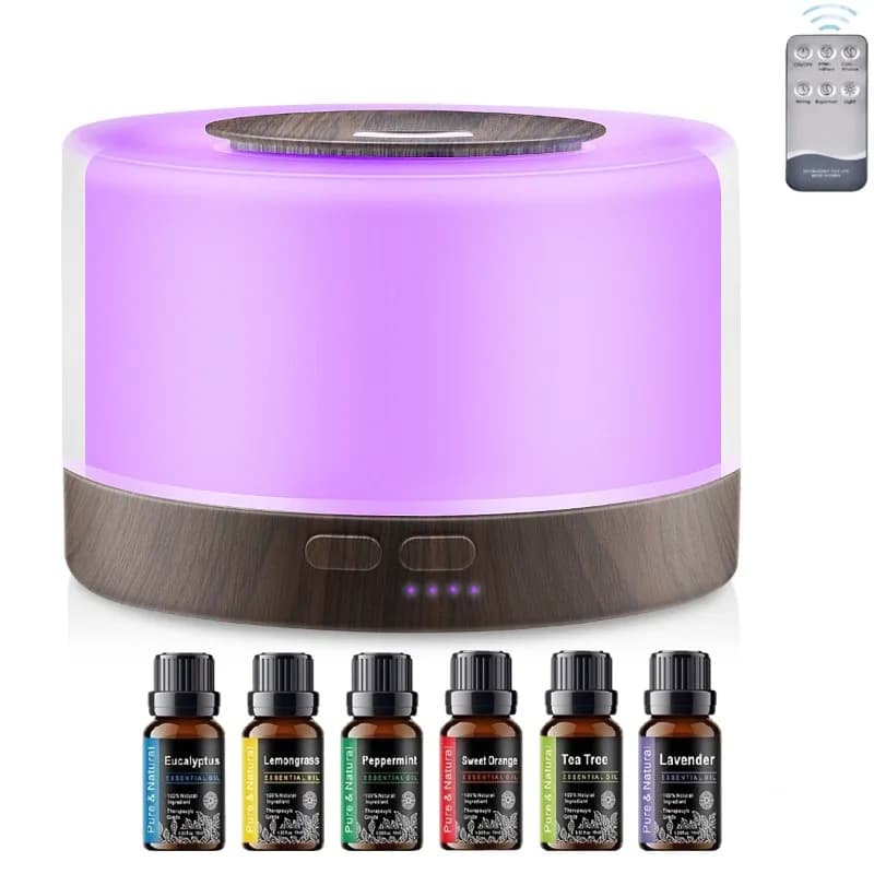 Diffusore e umidificatore di aromi con venature del legno aggiornati, nebbia fredda da 500 ml con telecomando, 7 colori LED, 6 impostazioni timer, differenziale di oli essenziali