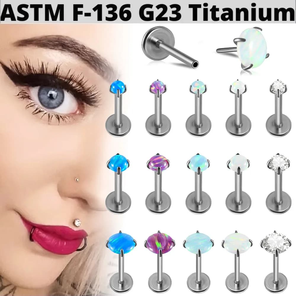 1PC G23 Titanium Gloss Round Opal Labret Stud Ear Tragus Cartilage Threadless Earring Lip Ring Piercing Body Jewelry 16G/20G