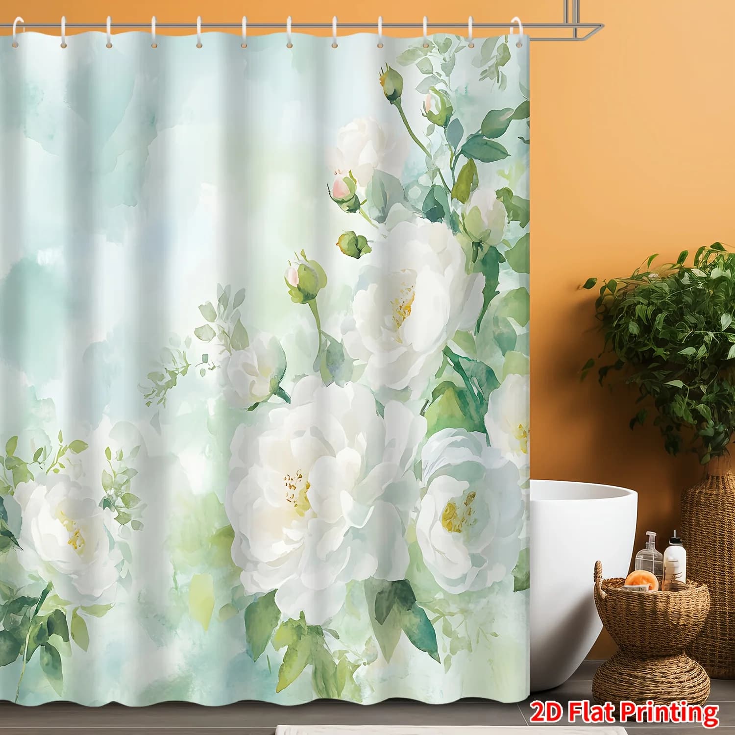 Tenda da doccia con acquerello rosa bianca, foglie verdi, decorazione artistica per il bagno, eleganti tende da bagno floreali per interni domestici moderni