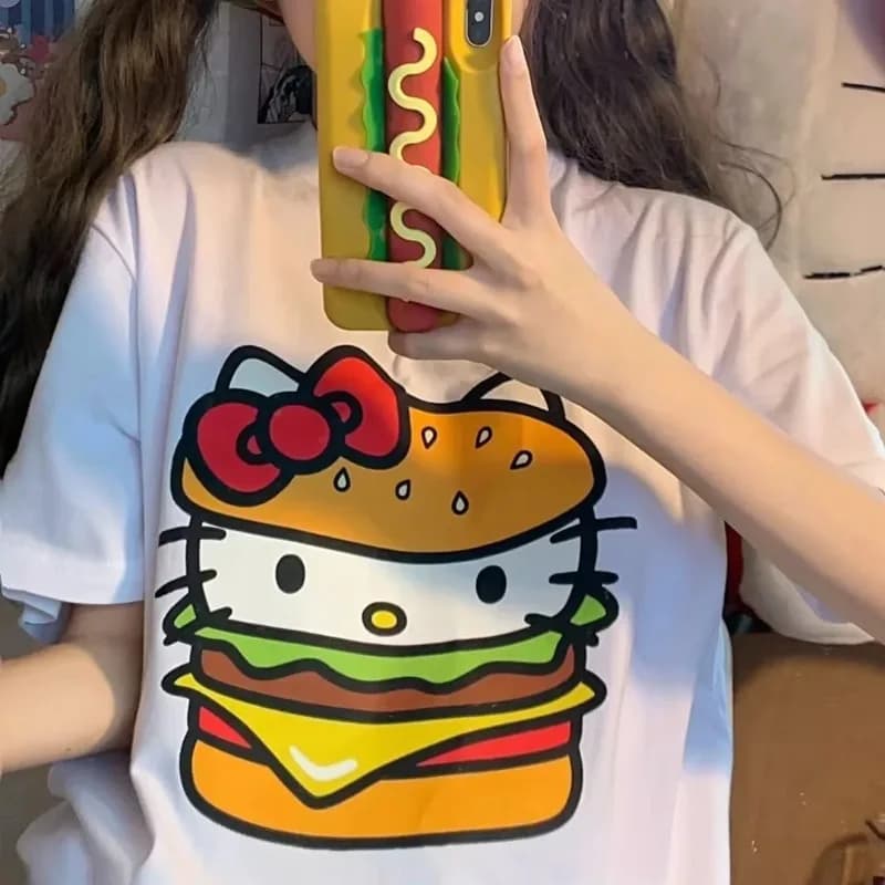 T-shirt da donna con stampa divertente Burger Cat, stile anime, moda femminile, manica corta, casual, in cotone, girocollo, top Y2K.